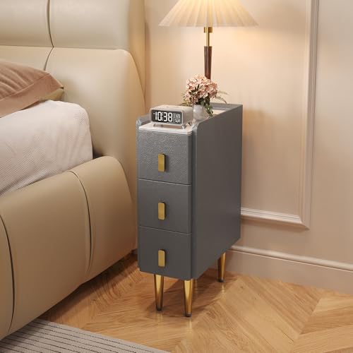 Narrow Nightstand with Drawers, 7.9" Narrow Bedside Table for Bedroom | Solid Wood Narrow Night Stand with Sintered Stone Top & Leather Surface, Slim Nightstand for Small Spaces, Gray - color: Grey, size: 15.7''×7.9''×24.5''