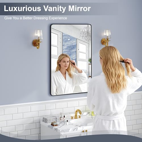 Krymnar 36"x24" Bathroom Vanity Mirror Over Sink, Black Rectangular Aluminum Frame with Rounded Corner(Small-Radius), HD Shatterproof Glass & Rust-Proof Wall Mirror for Bedroom, Living Room, Entryway - size: 36"L x 24"W