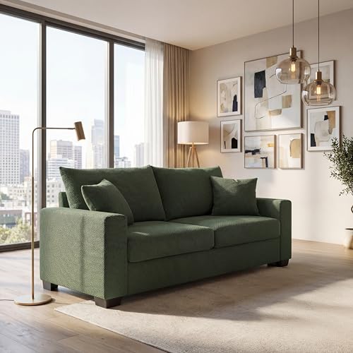Two-Seater Sofa with Textured Fabric, Dark Green - Comfortable Upholstered Couch with 2 Throw Pillows and Sturdy Plastic Legs for Living Room, Apartment, Office - color: Dark Green