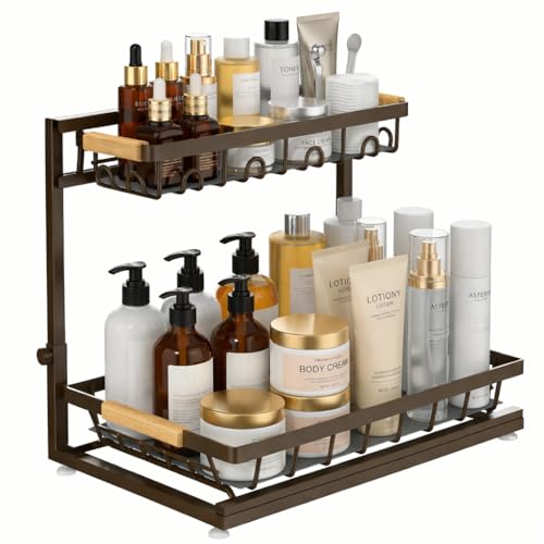 2-Tier Multi-Purpose Bathroom Under Sink Organizers and Storage, Black Adjustable Rack with Wooden Handles for Stackable Kitchen Pantry Organization