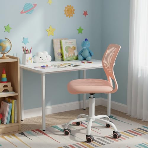 Desk Chair Armless for Kids, Height Adjustable Small Study Computer Task Chair for Student Children Teens with Wheels, Small Office Chair Compact Rolling with Mesh Cushion and Plastic Low-Back, Rose - color: Rose