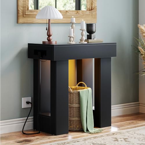 Unikito 32" Entry Table with Power Outlet & Sensor Light, Black | Narrow Wooden Foyer Table with Open Storage, Modern Farmhouse Console Table, Versatile for Entrance/Hallway/Living Room - color: Black, size: 32IN