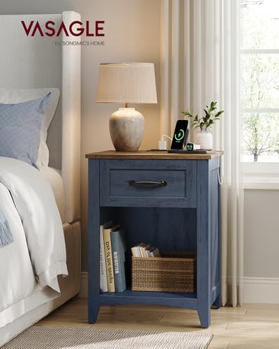 VASAGLE LIRY Collection - Farmhouse Nightstand with Charging Station, Bedside Table, Side Table with Drawer, Open Compartment, for Bedroom, Rustic Blue and Honey Brown ULET659Q101S - color: Rustic Blue and Honey Brown, size: 1 PACK, style: 17.7"W x 23.6"H