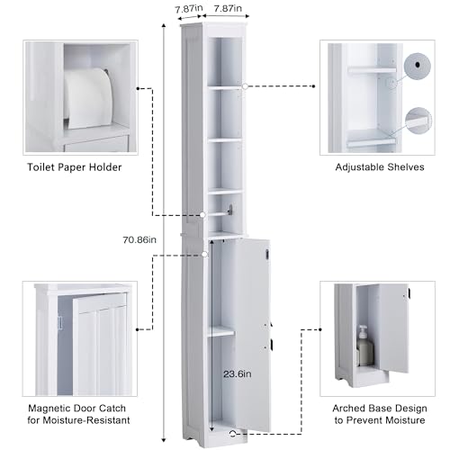 VECELO Tall Narrow Storage Cabinet with Adjustable Shelves, Slim Freestanding Bathroom Cabinet with Toilet Paper Holder, Magnetic Door, for Small Spaces, 7.9" D x 7.9" W x 71" H, Pearl White - color: Shelf Top