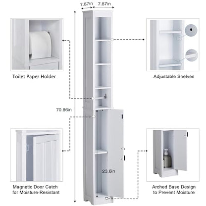 VECELO Tall Narrow Storage Cabinet with Adjustable Shelves, Slim Freestanding Bathroom Cabinet with Toilet Paper Holder, Magnetic Door, for Small Spaces, 7.9" D x 7.9" W x 71" H, Pearl White - color: Shelf Top