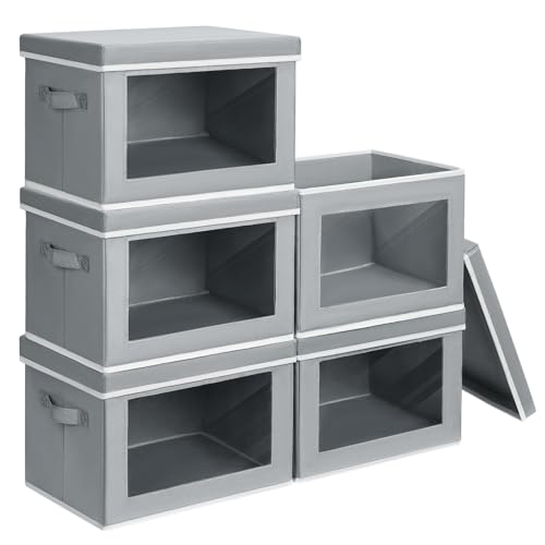 Decorative Bins with Lids - Stackable Cube Bins for Closet, 5 Pack Clear Windows Fabric Organizer Bins, Home Organizers and Storage for Clothes, CD, Towels, Grey - color: Grey, size: L(5-Pack)