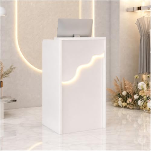 Wood Reception Desk with Counter, Front Desk with LED Light&Lockable Drawer | Small Modern Reception Table Retail Checkout for Counter for Lobby, Beauty Salon, White (37.8"L x 23.6"W x 15.7"H) ﻿ - size: 37.8x23.6x15.7in