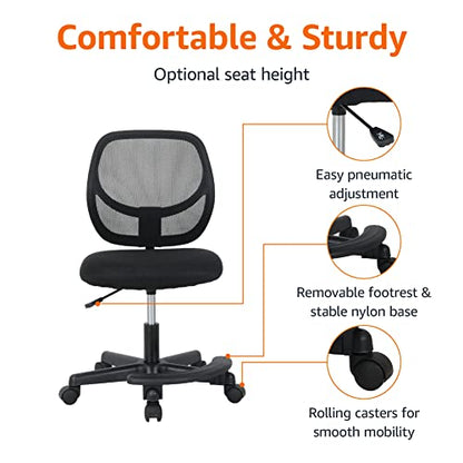 Amazon Basics Kids Adjustable Height Mesh Low-Back Swivel Desk Chair with Footrest, Rolling Chair with Casters for Smooth Mobility, Black - color: Black