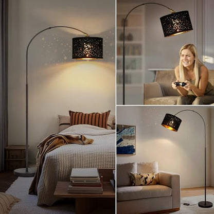 Dimmable Floor Lamp, Arc Floor Lamp with Adjustable Star Shade, Black | Arched Tall Modern Standing Lamp, Mid Century Reading Light Pole Lamp for Living Room, Bedrooms, Office, 9W LED Bulb Included - color: Black Base with Stars Shade