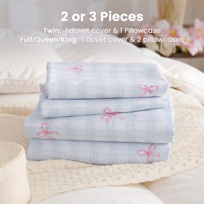 Blue Plaid Pink Bow Duvet Cover Queen Size | Soft Lightweight Microfiber Duvet Cover Set With Zipper Closure, Blue Plaid And Pink Bow Design, Includes 2 Pillowcases - color: Bow-knot, size: Queen(No Comforter)