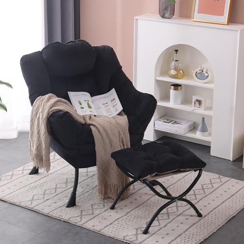 Modern Lazy Chair with Ottoman Lounge Accent Reading Chair for Living Room | Foldable Footstool,Removable Cover,Soft Padded Seat & Backrest,Upholstered Comfy Chair for Bedroom,Dorm,Office,Small Space - color: Velvet Black