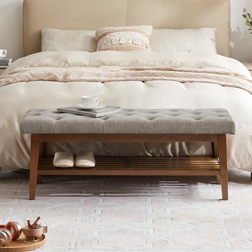 HUIMO Upholstered Entryway Shoe Bench, Button Tufted End of Bed Bench,Brown | with Solid Wood Slatted Shelf, Padded Ottoman Bench for Bedroom, Living Room, Entryway - color: Brown, style: French Country