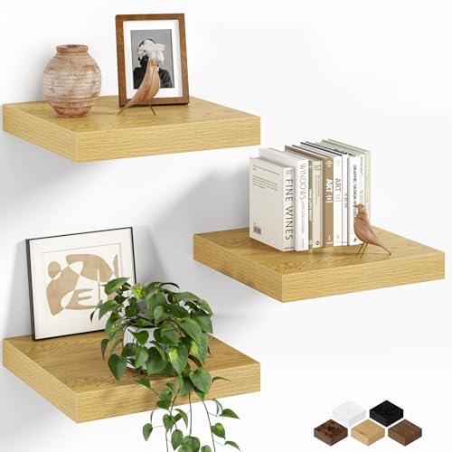 Fun Memories Floating Shelves for Wall, 12 Inch Set of 3 Rustic Wood Wall Shelves with Invisible Brackets, Heavy Duty Storage Display for Bathroom Bedroom Living Room Kitchen, Oak - color: Oak, size: 12"W x 12"D, Set of 3