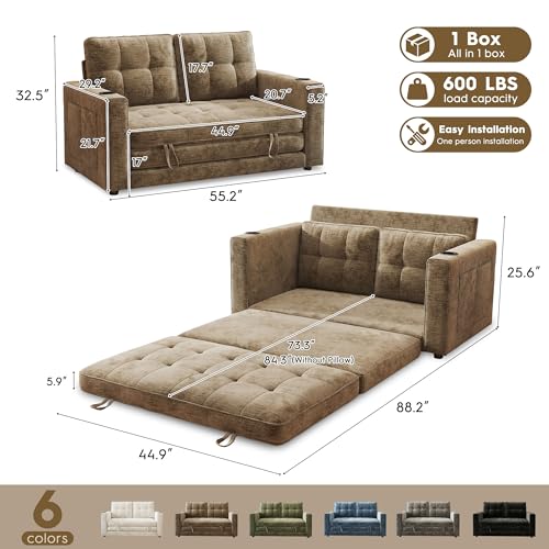 55" Convertible Folding Sofa Bed, Pull Out Couch Love Seat Sleeper Bed, Small Fold Out Loveseat sleeper with Cup Holder and Pillow for Small Space, Bedroom Lounge, Dorm, Living Room(Brown Chenille) - color: Brown