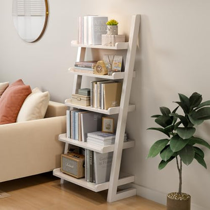 AQIMUELE White Wooden Ladder Shelf with Edges, 5-Tier Modern Leaning Bookshelf Ladder – Stylish Space-Saving Bookcase for Living Room, Bedroom & Home Office - color: White