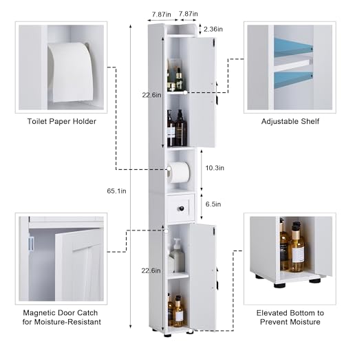 VECELO Tall Narrow Storage Cabinet with Adjustable Shelves, Slim Freestanding Bathroom Cabinet with Toilet Paper Holder, 2 Magnetic Doors & Drawer, for Small Spaces, 7.9" D x 7.9" W x 67" H, White - color: Cabin Top