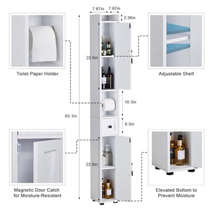 VECELO Tall Narrow Storage Cabinet with Adjustable Shelves, Slim Freestanding Bathroom Cabinet with Toilet Paper Holder, 2 Magnetic Doors & Drawer, for Small Spaces, 7.9" D x 7.9" W x 67" H, White - color: Cabin Top