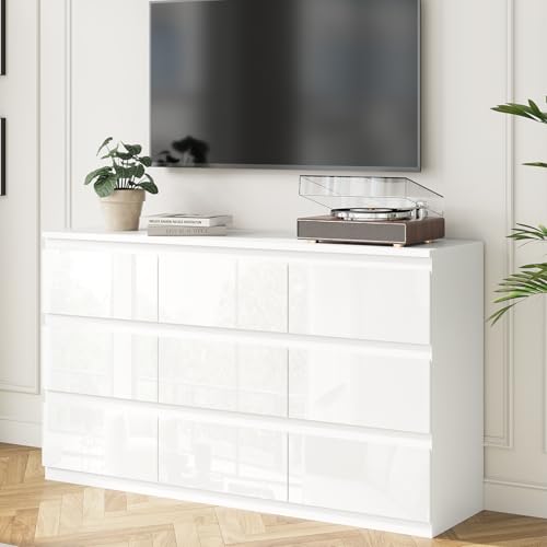 White 9 Drawer Dresser for Bedroom Wooden 55" Wide | Modern, Handle-Free, long, for Living Room, Entryway, TV Stand - size: 15.4"D x 33.9"W x 55.1"H (9 Drawers)