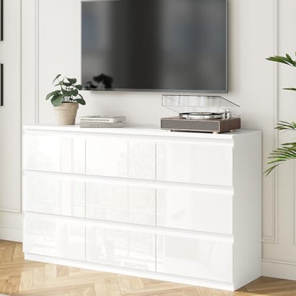 White 9 Drawer Dresser for Bedroom Wooden 55" Wide | Modern, Handle-Free, long, for Living Room, Entryway, TV Stand - size: 15.4"D x 33.9"W x 55.1"H (9 Drawers)