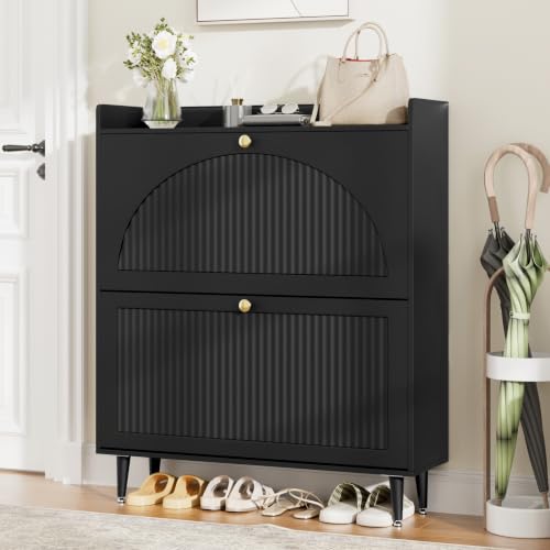 Shoe Storage Cabinet with 2 Flip Drawers, Shoe Organizer Storage | Shoe Cabinet with Adjustable Shelves, Freestanding Hidden Slim Narrow Shoe Rack Cabinet for Entryway, Hallway - color: Black, size: 9.4"D x 31.4"W x 37.4"H(2 Drawers)
