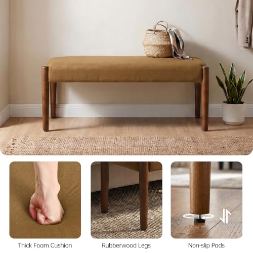 Usaint 42" End of Bed Bench with Wood Legs, Caramel Orange with Walnut Leg | Modern Upholstered Bedroom Bench with Rubberwood Legs, Entryway Bench with Cushion, Dining Bench for Living Room, Bedroom - color: Caramel Orange With Walnut Leg