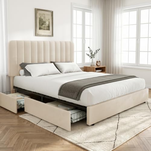 VECELO Full Size Upholstered Bed Frame with 4 Drawers and Headboard, Velvet Platform Storage Bedframe, Wooden Slats Support, No Box Spring Needed,Beige - color: Beige, size: Full, style: Bed Frame with Drawer