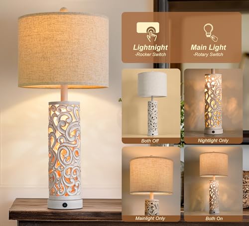 2-in-1 Light Table Lamp Set of 2 for Living Room, 28.5" Farmhouse Bedside Lamps with USB Charging Port, Main&Night Light & Dual Switches, Nightstand Lamp for Bedroom Home Office(Bulb Included) - color: Matte White