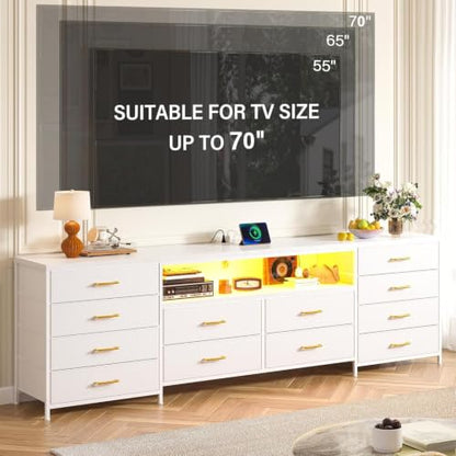 EnHomee 12 Drawers Dresser for Bedroom,TV Stand Fits 55/65/70 inch TVs | Entertainment Center with LED Lights & Power Outlets,Long Fabric Dresser with 2 Wood Shelves for Living Room,White PU Leather - color: White
