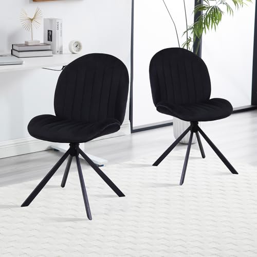 Velvet Swivel Office Chair No Wheels, Small Comfy Mid Century Armless Desk Chair, Cute Swivel Vanity Chair No Wheels for Small Spaces, Bedroom,Living Room,Home Office, Black - color: Black-velvet