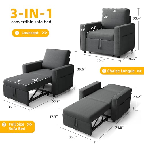 YITAHOME Convertible Sofa Chair Bed | 3-in-1 Sleeper Sofa with Pull-Out Bed, Linen Fabric Single Sleeper Chair with Reclining Backrest and Wide Armrest, Modern - color: Grey, size: 74.8 x 35.8in