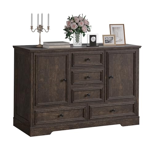 GarveeHome 47" Farmhouse Sideboard Buffet Cabinet, Sideboard Storage credenza with 5 Drawers and 2 Doors, Wood Coffee Bar Cabinet, Buffet Table for Dining Room Living Room, Brown - color: Brown