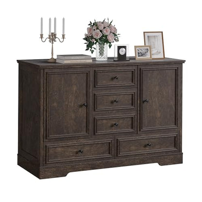 GarveeHome 47" Farmhouse Sideboard Buffet Cabinet, Sideboard Storage credenza with 5 Drawers and 2 Doors, Wood Coffee Bar Cabinet, Buffet Table for Dining Room Living Room, Brown - color: Brown