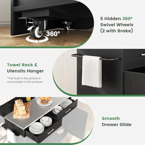 Dripex 41'' Kitchen Islands Foldable with Stainless Steel Top & Seating, Rolling Island Table for Kitchen with Drop Leaf, Bar Stool, Power Outlet, Adjustable Storage Shelves, Spice Rack, Black - color: Black