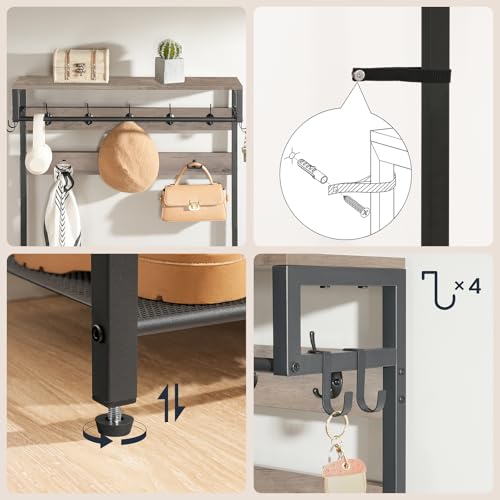 HOOBRO Hall Tree with Bench, Shoe and Coat Rack for Entryway, Coat Rack with Bench, Flip Top Storage Box, PU Cushioned Seat, Non-Woven Fabric Drawer, for Entrance, Greige and Black BG110MT01 - color: Greige + Black