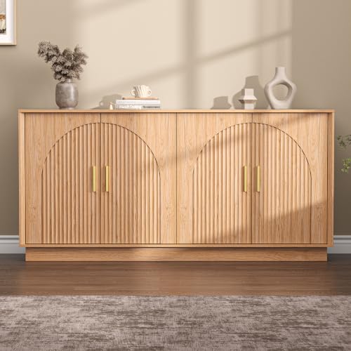 Buffet Cabinet with Storage, 65"W Fluted Sideboard Buffet Cabinet with Adjustable Shelves, Single-Box Modern Wood Credenza Accent Storage Cabinet for Dining Room Living Room Hallway, Nature Oak - color: Nature Oak, size: 65'' WIDE
