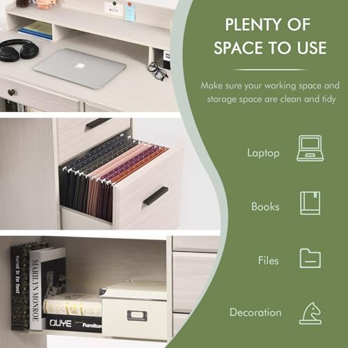 Computer Desk with Drawers and Hutch, Farmhouse Home Office Desk, Wood Student Desk with File Drawer for Bedroom, Writing Table for Small Space, Warm White - color: Warm White