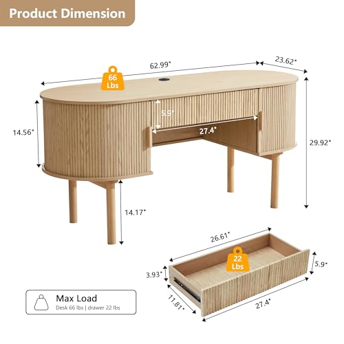 Home Office Oval Desk with Sliding Tambour Door and Drawer, Modern Fluted Wood Executive Computer Storage Desk for Study, Living Room, Bedroom, Office - Natural - color: Natural