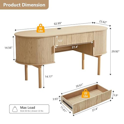Home Office Oval Desk with Sliding Tambour Door and Drawer, Modern Fluted Wood Executive Computer Storage Desk for Study, Living Room, Bedroom, Office - Natural - color: Natural