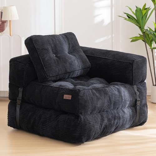 MAXYOYO Folding Sofa Bed, Convertible Chair Bed with Pillow | L-Shaped Floor Sofa with Armrest and Pillow, Foldable Portable Fold Out Comfy Chair Bed for Living Room Bedroom, Black - color: Black