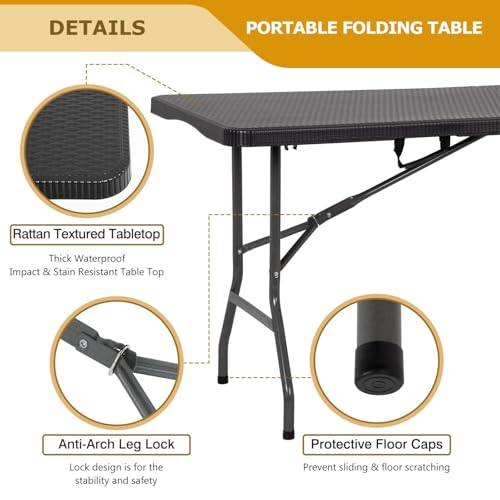 6FT Folding Table, Heavy Duty Plastic Table Portable Fold-in-Half Utility Table Indoor Outdoor Picnic Table w/Handle & Lock for Camping BBQ Party Wedding Market Events, Black Ratten - size: 6FT-Black Ratten