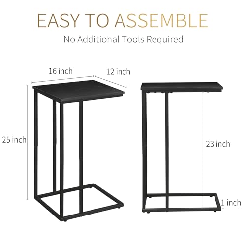 C Shaped Side Table Set of 2, Skinny Sofa Table for Sofa and Bed, Couch Tables That Slide Under, Small End Tables for Living Room, Bedroom or Small Spaces, Black - color: Black Table Top