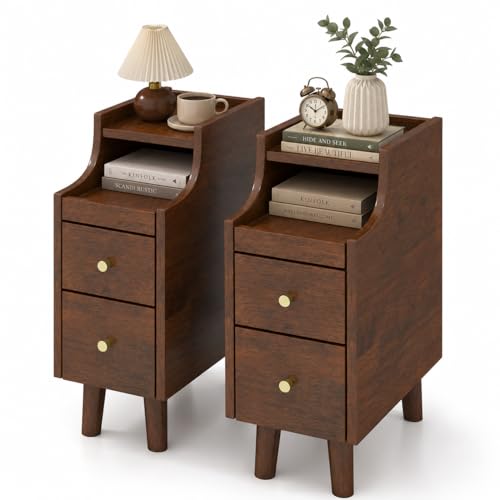 POWERSTONE Narrow Nightstand with 2 Drawers Set of 2, Solid Wood Bedside Table with Pull Out Tray & Cable Hole & Slots, Slim End Side Table for Small Spaces Bedroom, Living Room, Brown - color: Brown