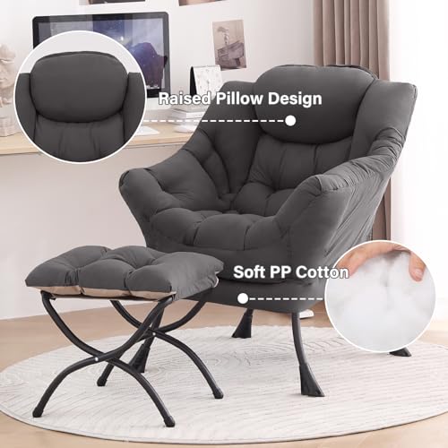 Lazy Chair with Ottoman, Comfy Reading Accent Chair, Dark Grey | Foldable Footrest, Padded Seat and Backrest, Side Pocket for Lounging in Living Rooms, Bedrooms, Dorms and Small Spaces - color: Dark Grey