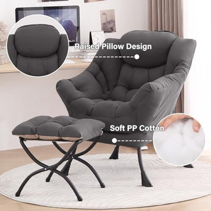 Lazy Chair with Ottoman, Comfy Reading Accent Chair, Dark Grey | Foldable Footrest, Padded Seat and Backrest, Side Pocket for Lounging in Living Rooms, Bedrooms, Dorms and Small Spaces - color: Dark Grey