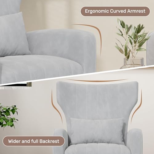 Nebuaegis Light Gray Velvet Accent Chair Set of 4, Wingback Chair for Living Room, High Back Arm Chair with Golden Legs Lumbar Pillow, Upholstered Single Sofa Bedroom - color: Light Gray, size: Set of 4