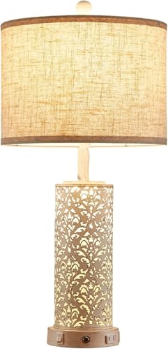 SAIWEYA 26" Set of 2 Farmhouse Table Lamp for Bedroom, Dimmable Touch | 3 Way Dimmable, 2 USB Ports + AC Outlet Bedside Lamp for Nightstand, LED Bulb Included, Fabric Shade, Flower Metal Body - color: White-26in