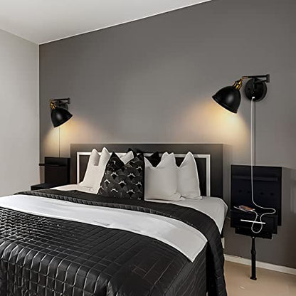 Swing Arm Wall Sconces, Plug-in Wall lamp,Bedroom Wall lamp ， White Fabric Shade，，with dimmable Switch and USB Charging Port, Suitable for Bedside, Living Room, Reading (Metallic Black) - color: Metallic black