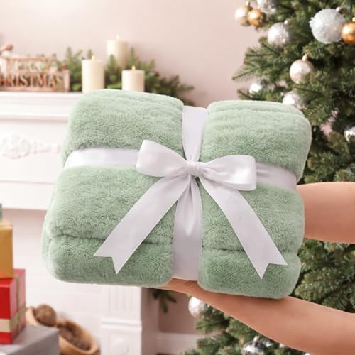 Cozy Bliss Deluxe Sheared Rabbit Faux Fur Throw Blanket, Soft Fuzzy High-Low Sculpted Plush Blanket for Couch, Cozy Home Accent, All Season Use, Green 50"x60" - color: Stripe - Green, size: Throw(50" x 60")