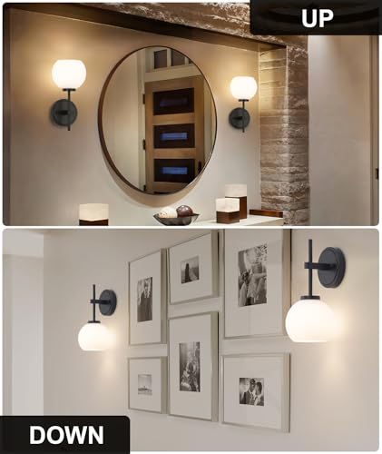 Black Wireless Rechargeable Wall Sconces with Remote Control, Battery Operated Wall Sconce Set of 2, LED Dimmable Wall Lights with Opal White Glass Shade, 12 Colors RGB & 3 CCT Bulb - color: Matte Black & Opal Glass, size: Battery 12 Inch