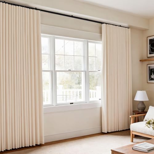 Room Divider Blackout Curtains Flexible Sliding Tracks Sets Ceiling Mounted Rod Window Curtain Privacy Separation for Bedroom Living Rooms,1 Panel Beige Drape and Black Track Set-W144xH84 in - color: Beige, size: 144"W x 84"L (Pack of 1)